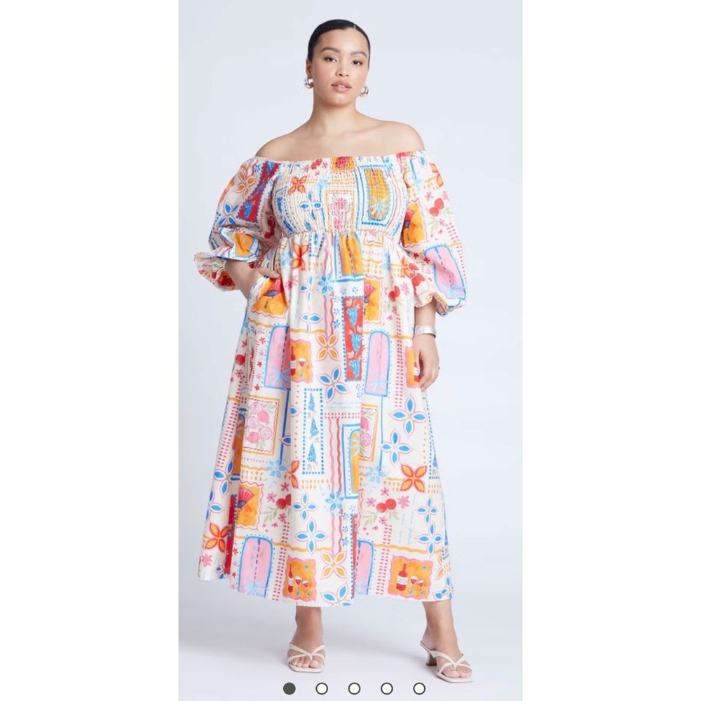 Eloquii Printed Puff Sleeve Maxi Dress Multi Color Cotton Smocked Size 14